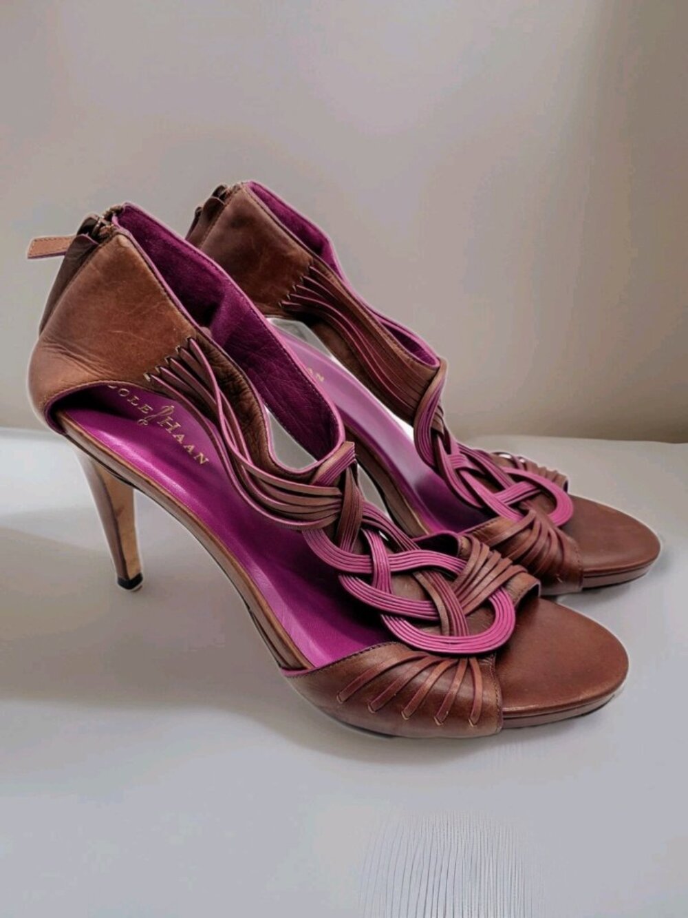 Cole Haan Vivian Sandals Heels Size 11B Brown & Pink Fuchsia  Boho Collaboration